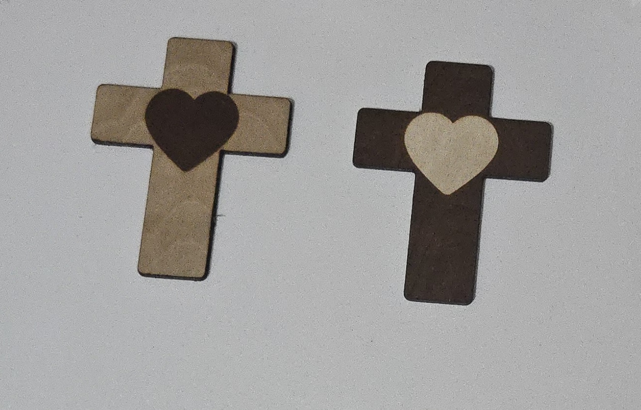 Wooden crosses with heart centerpiece, two-tone design by PetiteTrace
